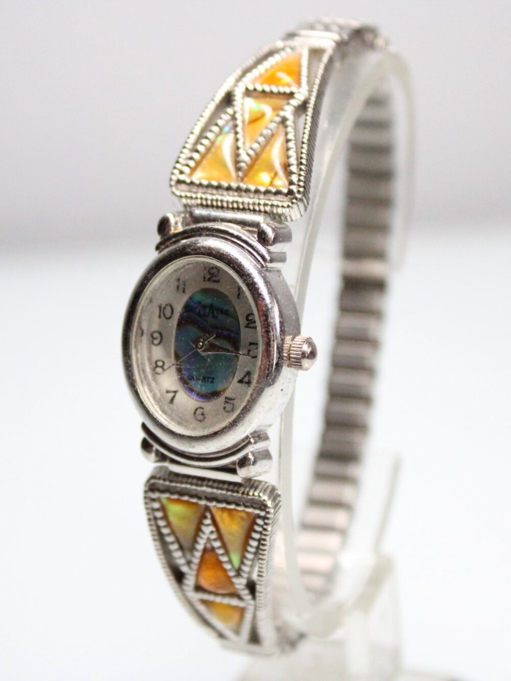 LA Express Women's Quartz Watch Silver Tone Oval Dial Iridescent Inlay Bracelet